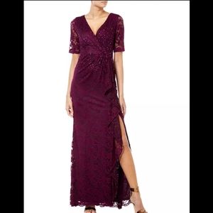 Nwt $178 Adrianna Papell Long Stretch Lace Dress, Rich Raisin sizs 6